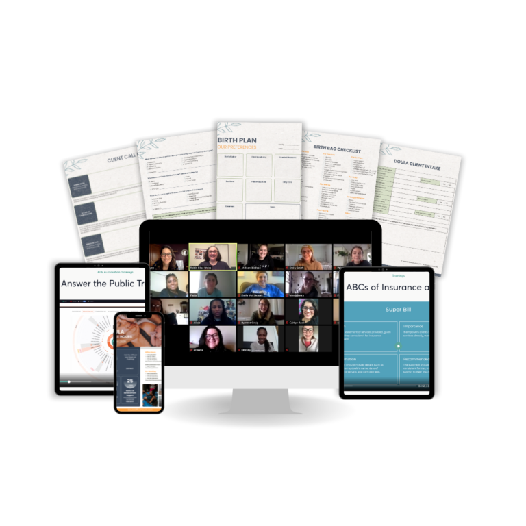 Doula Office Hours example pages of templates and screen shots of the classes and zoom mentoring.