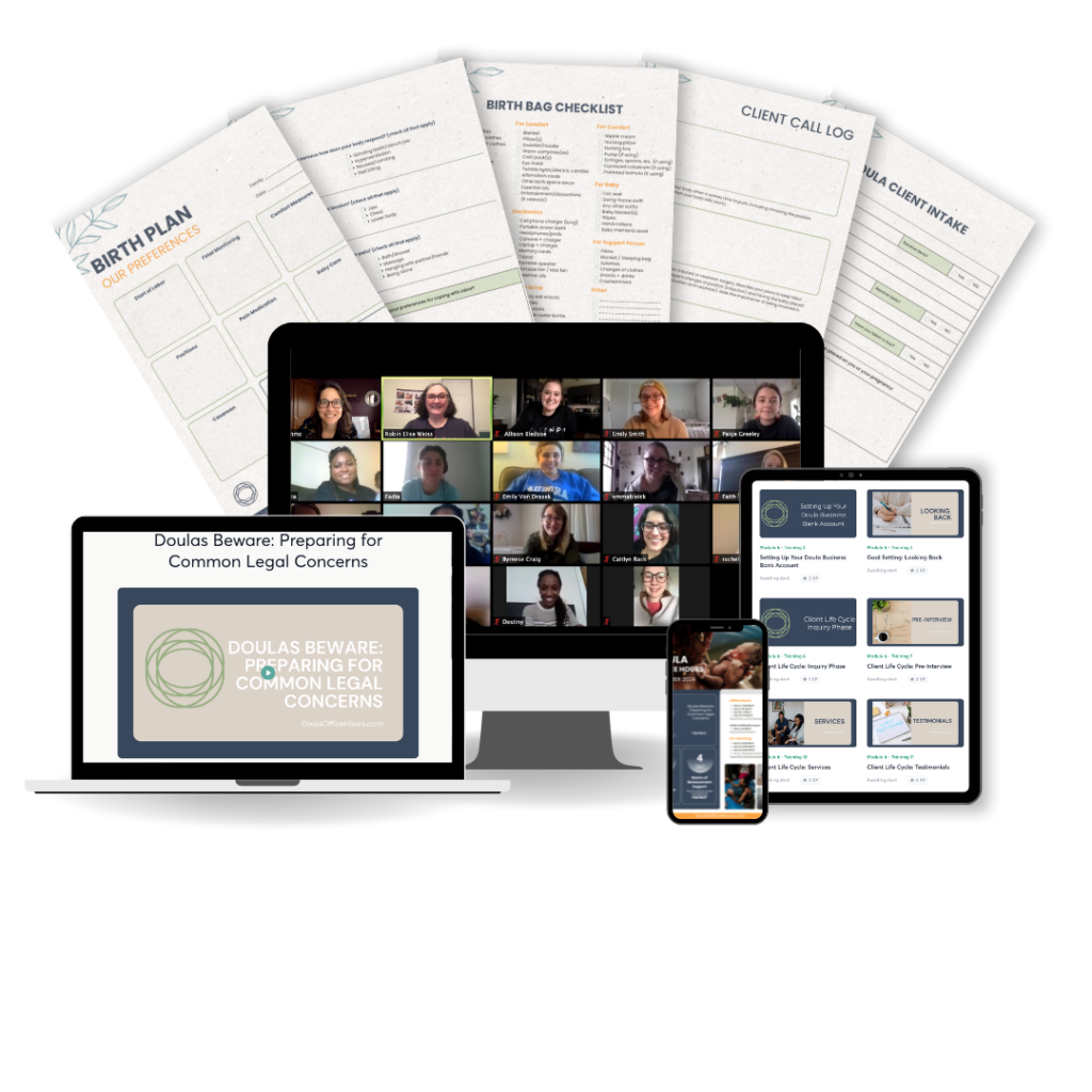 Doula Office Hours example pages of templates and screen shots of the classes and zoom mentoring.